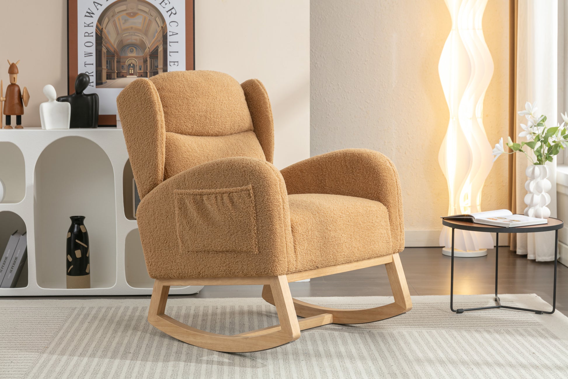049 Teddy Fabric Rocking Chair With Packet Wood Legs,Khaki Wood Solid Khaki Primary Living Space Foam Wipe Clean Modern Rocking Chairs Eucalyptus Tufted Back Foam Teddy