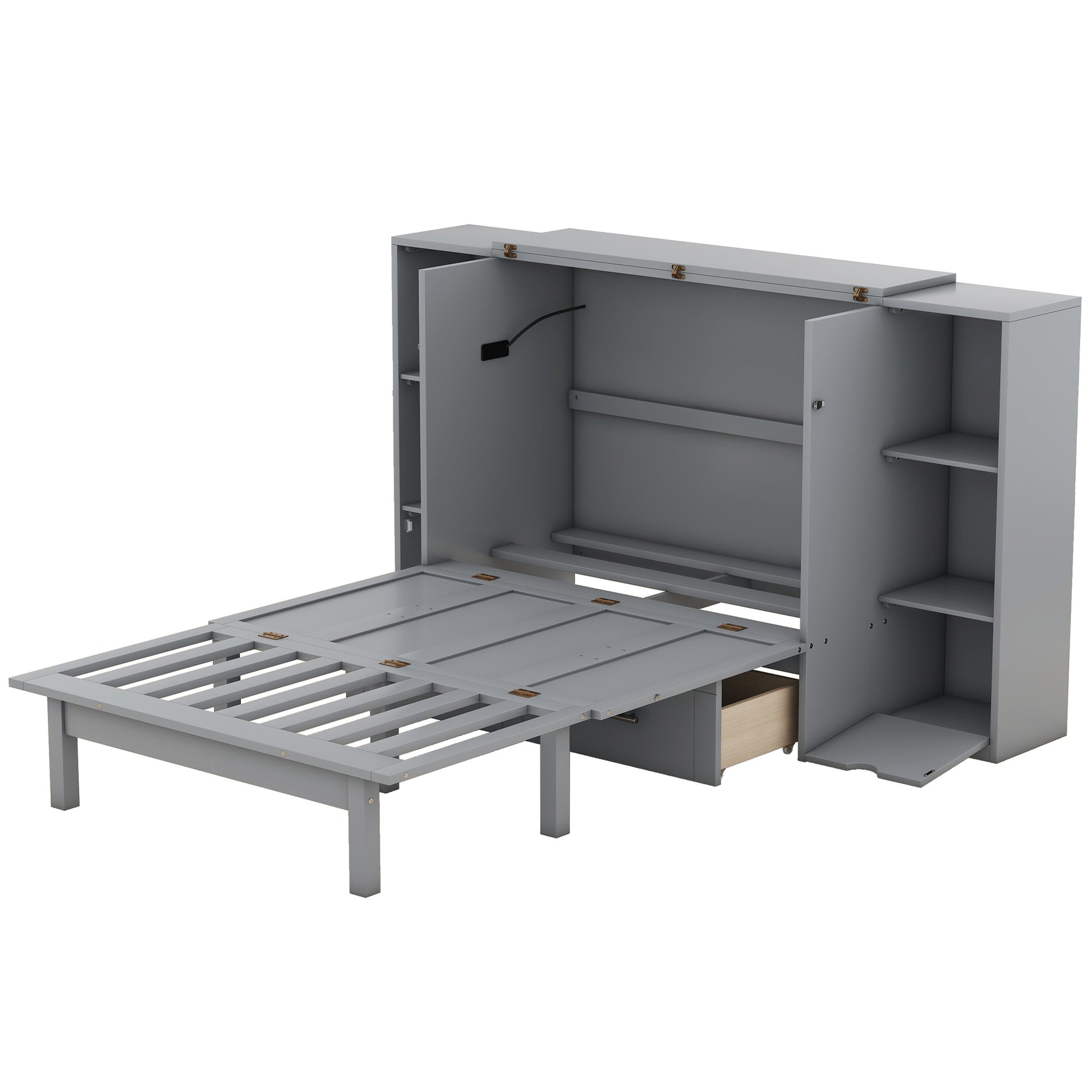 Queen Size Murphy Bed With Shelves, Drawers And Usb Ports,Gray Gray Mdf Lvl
