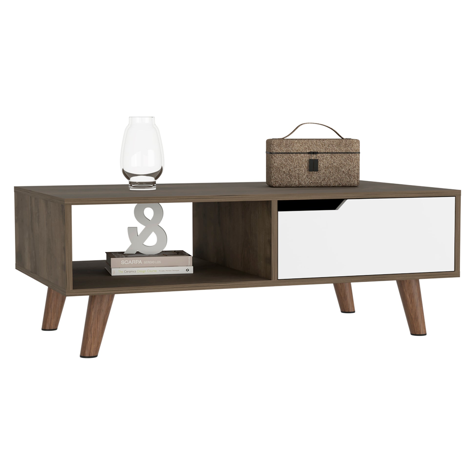 15" H Rectangular Dark Brown White Coffee Table, 4 Metal Legs, 1 Vertical Divider For Designer Books, And 1 Drawer For Storing Small Things. Multicolor Particle Board Particle Board