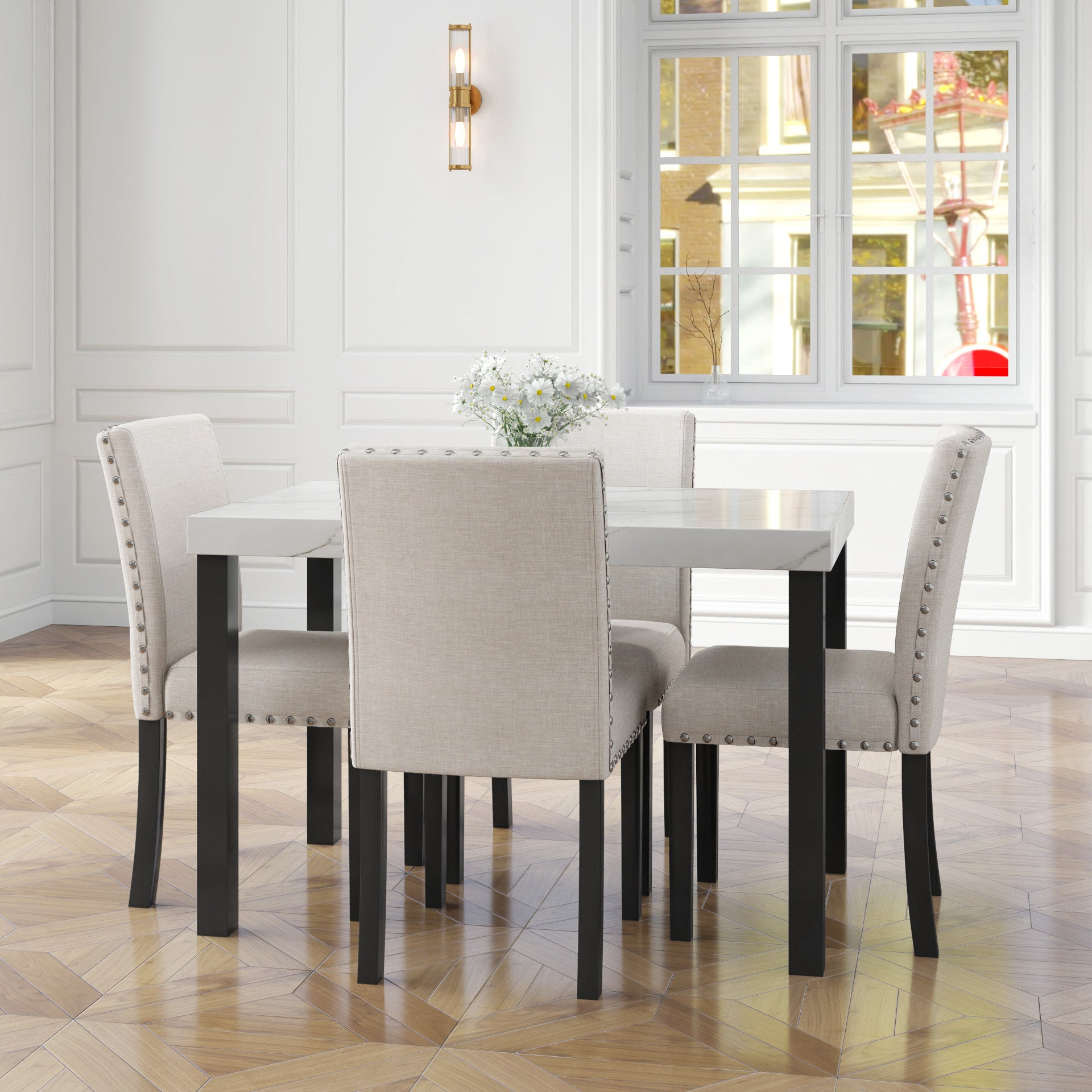 Five Piece Dining Set With Imitation Marble Tabletop, Restaurant Combination Set, Solid Wood Dining Table And 4 Chairs, Space Saving Combination Furniture For Kitchen And Dining Room. Black White Solid Wood Mdf