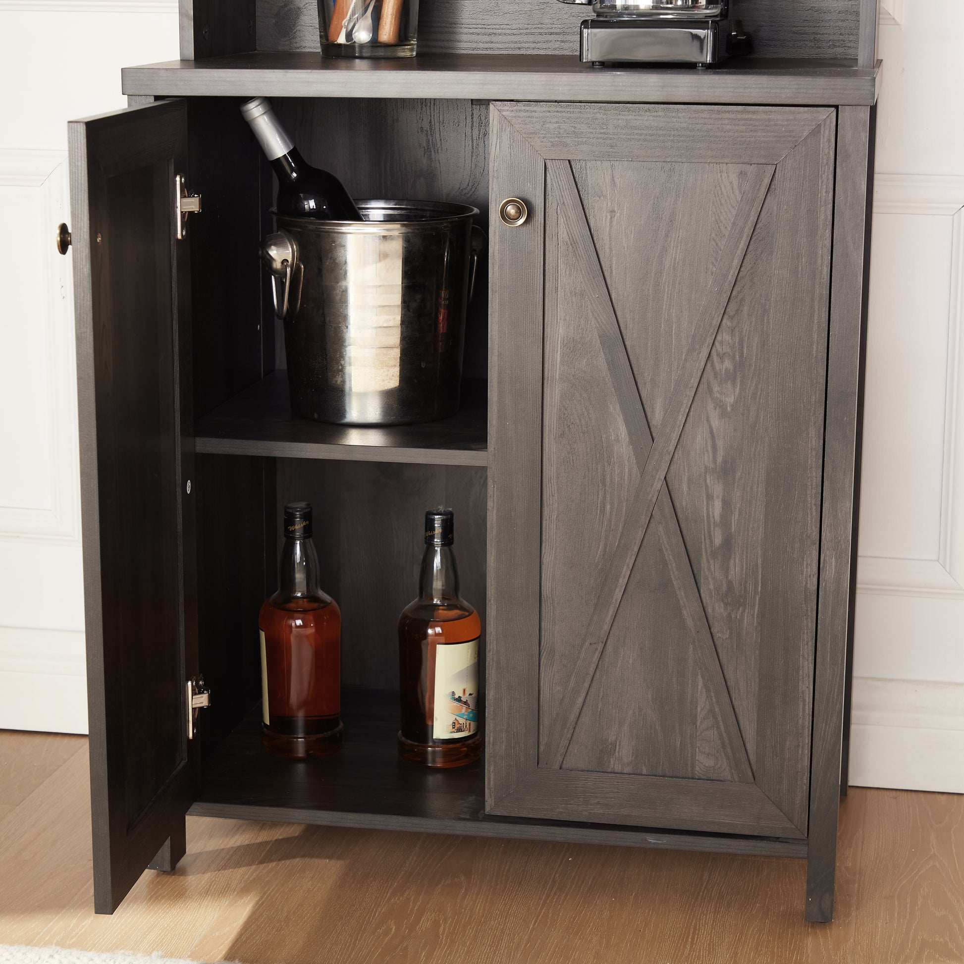 Farmhouse Bar Cabinet For Liquor And Glasses, Dining Room Kitchen Cabinet With Wine Rack, Sideboards Buffets Bar Cabinet L26.89''*W15.87''*H67.3'' Charcoal Grey Charcoal Grey Dining Room Cabinets Included Mdf