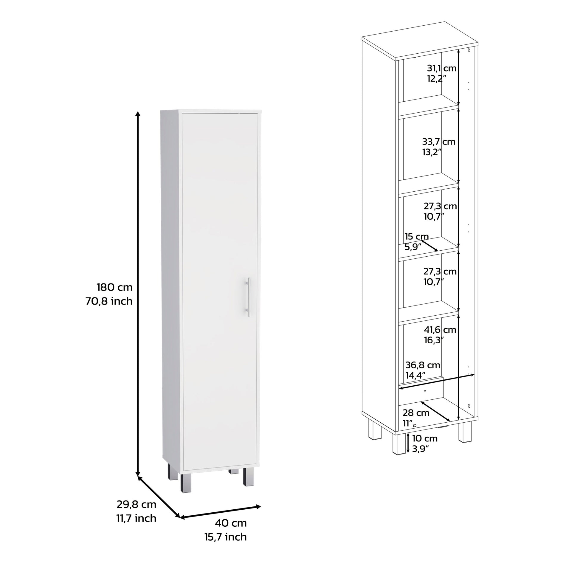 Storage Cabinet 71" H, Five Internal Shelves, Three Broom Hangers, White White Particle Board Particle Board