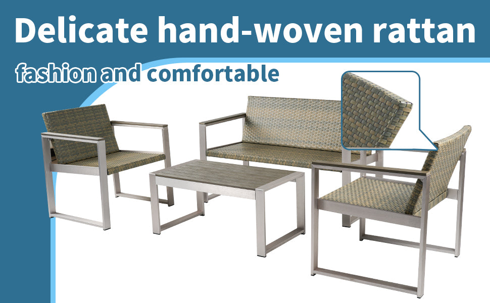 Aluminum And Rattan Modern 4 Piece Sofa Seating Group For Patio Garden Outdoor Yes Complete Patio Set Gray Silver Mildew Resistant Frame Fade Resistant Cushion Garden & Outdoor Modern Complete Patio Sets Aluminium Aluminium