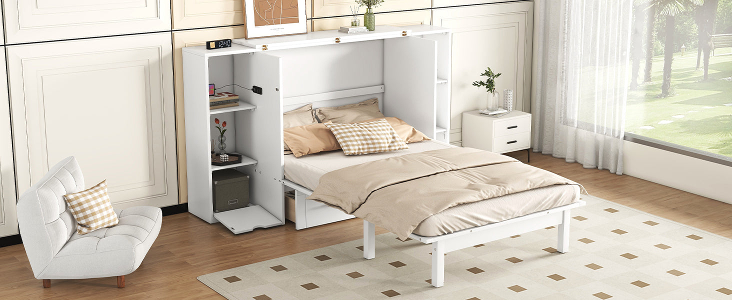 Queen Size Murphy Bed With Shelves, Drawers And Usb Ports,White White Mdf Lvl