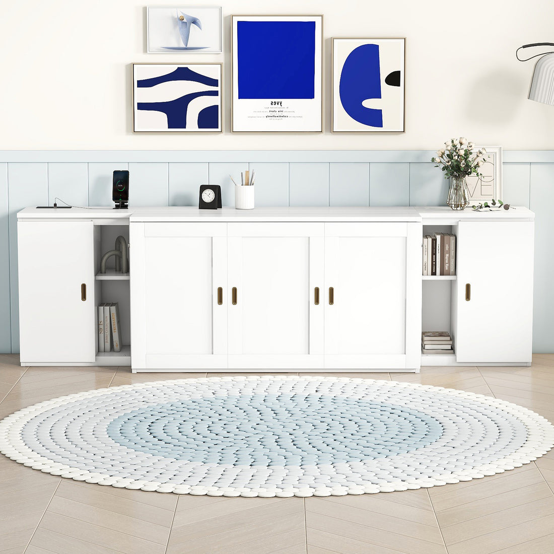 Queen Size Murphy Bed With Shelves, Cabinets And Usb Ports,White Queen White Mdf Lvl