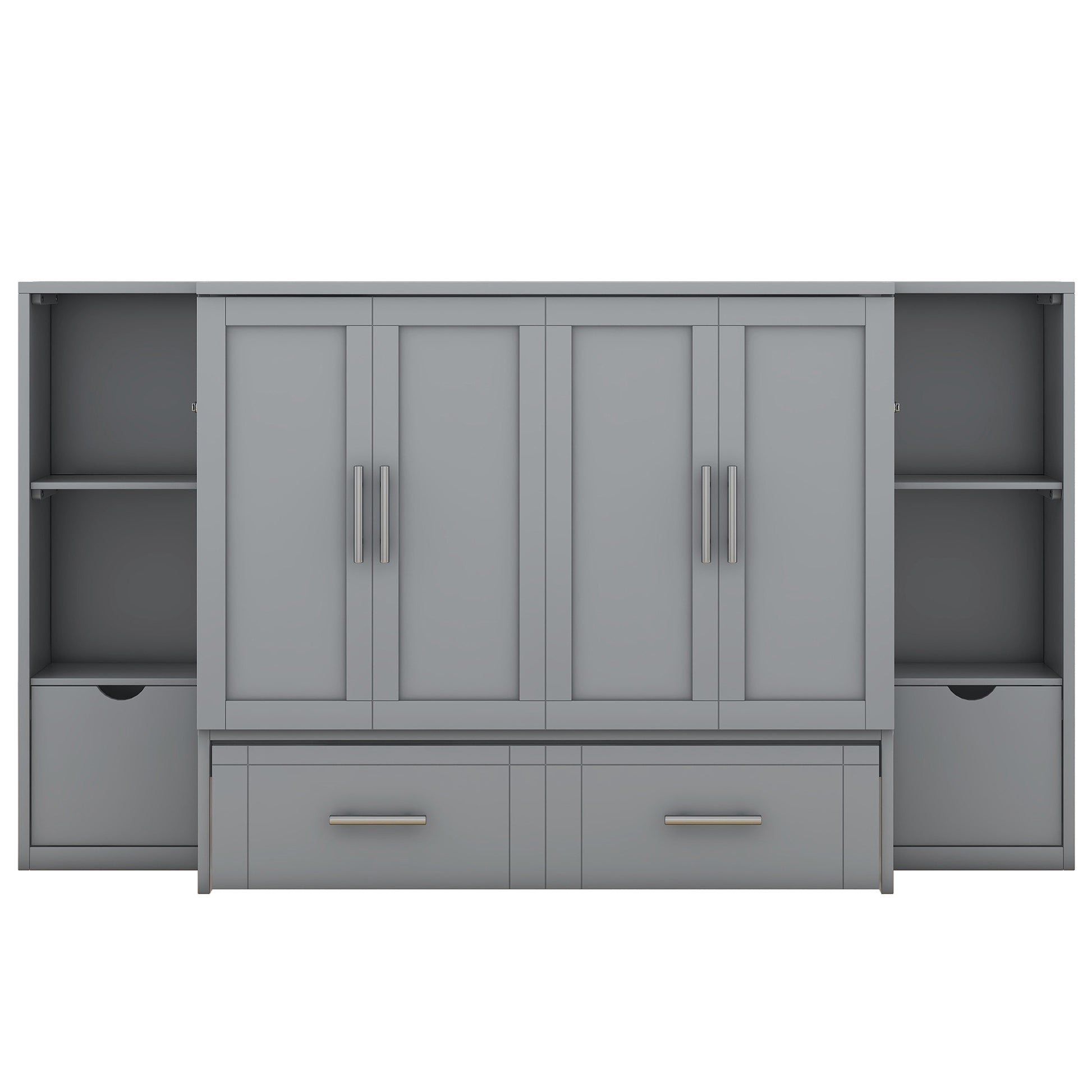 Queen Size Murphy Bed With Shelves, Drawers And Usb Ports,Gray Gray Mdf Lvl
