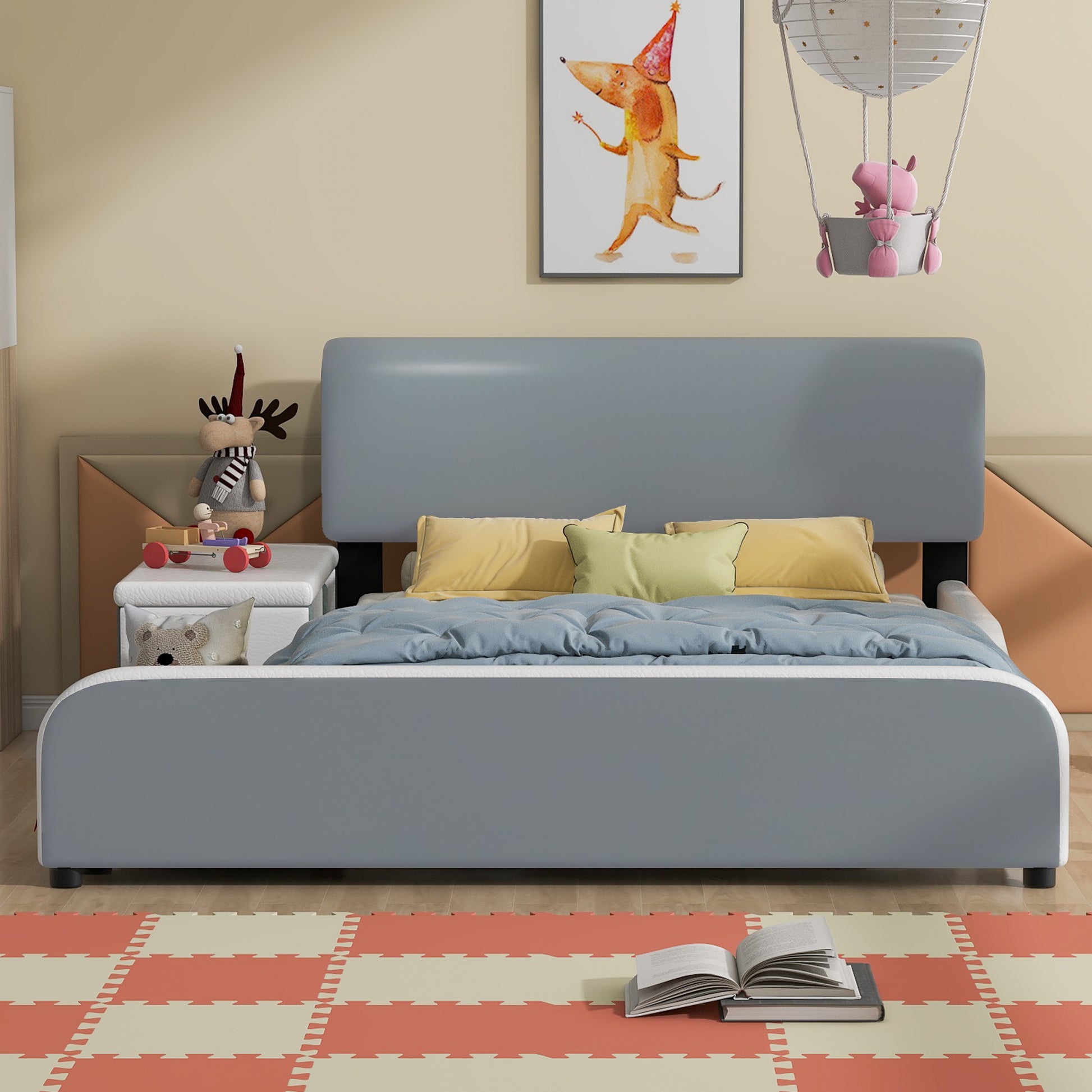 Full Size Upholstered Platform Bed With Storage Nightstand And Guardrail, Gray Box Spring Not Required Full Gray Wood Bedroom Upholstered