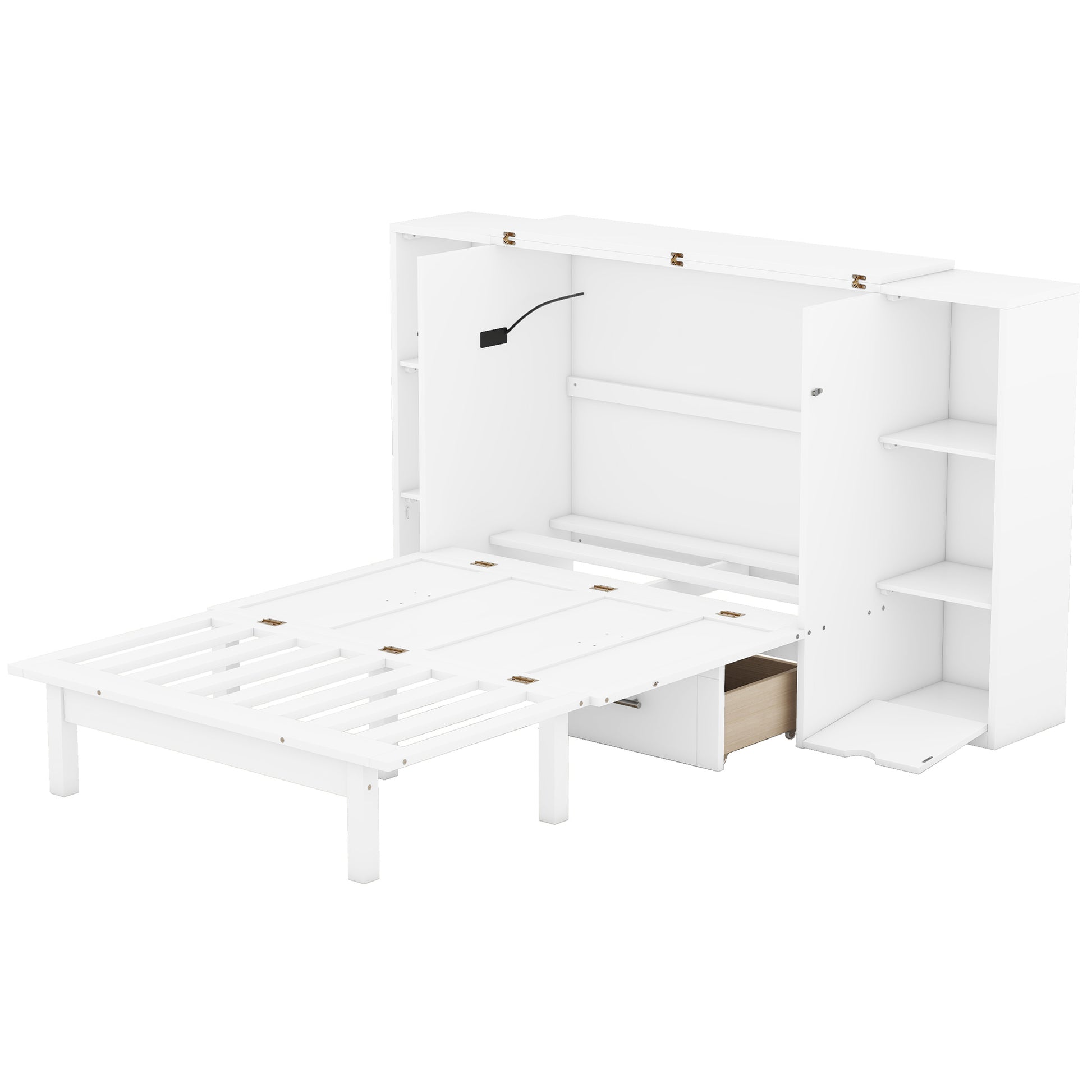Queen Size Murphy Bed With Shelves, Drawers And Usb Ports,White White Mdf Lvl