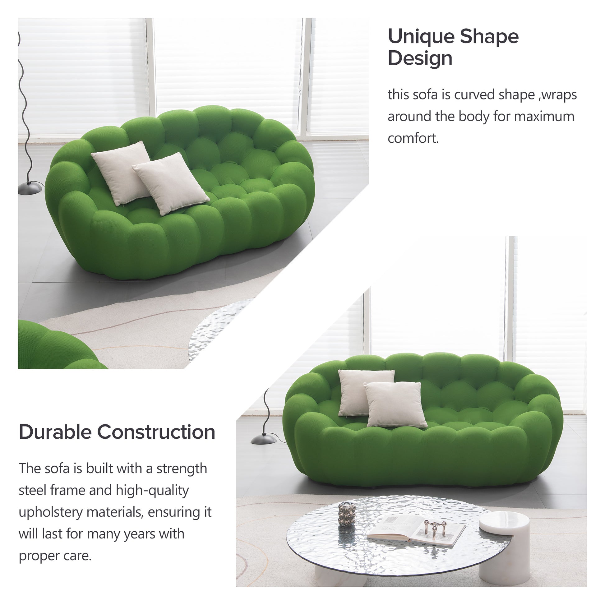 74.8'' Modern Bubble Floor Couch For Living Room,Green Green Foam Fabric 2 Seat