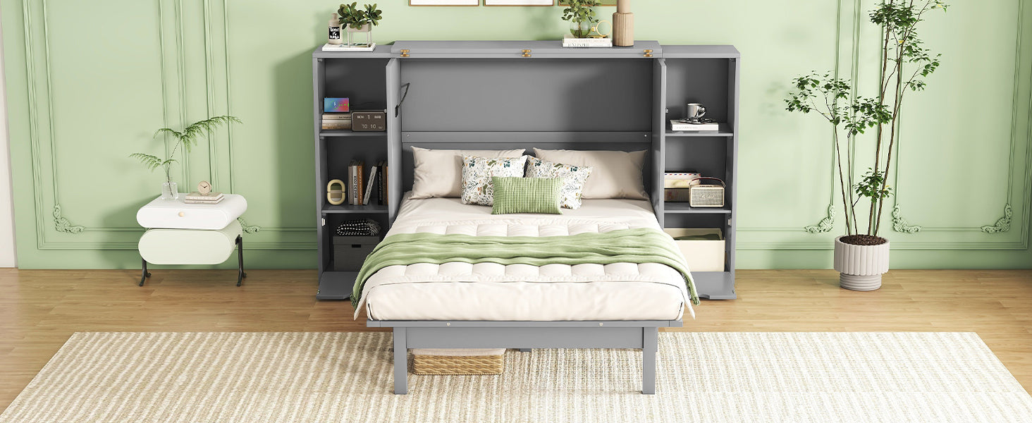 Queen Size Murphy Bed With Shelves, Drawers And Usb Ports,Gray Gray Mdf Lvl