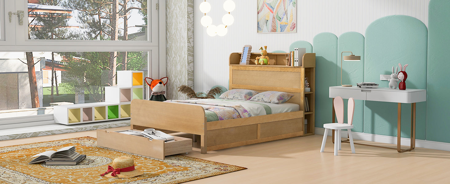 Full Size Platform Bed With Storage Headboard And A Big Drawer, Wood Color Box Spring Not Required Full Wood Wood Bedroom Bed Frame Solid Wood Mdf