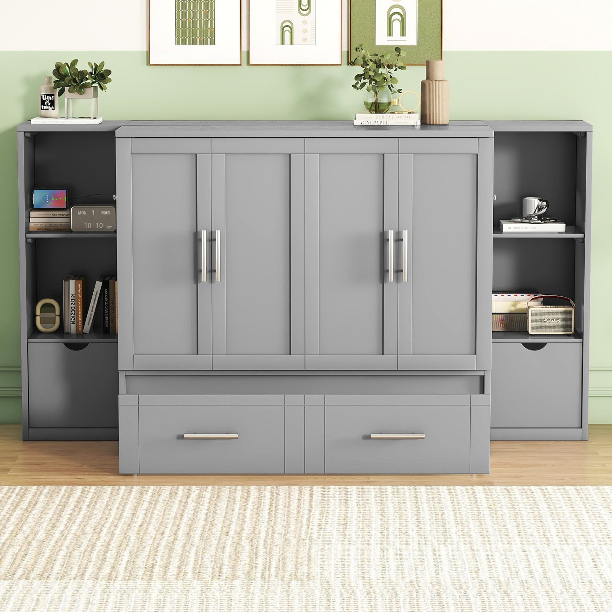 Queen Size Murphy Bed With Shelves, Drawers And Usb Ports,Gray Gray Mdf Lvl