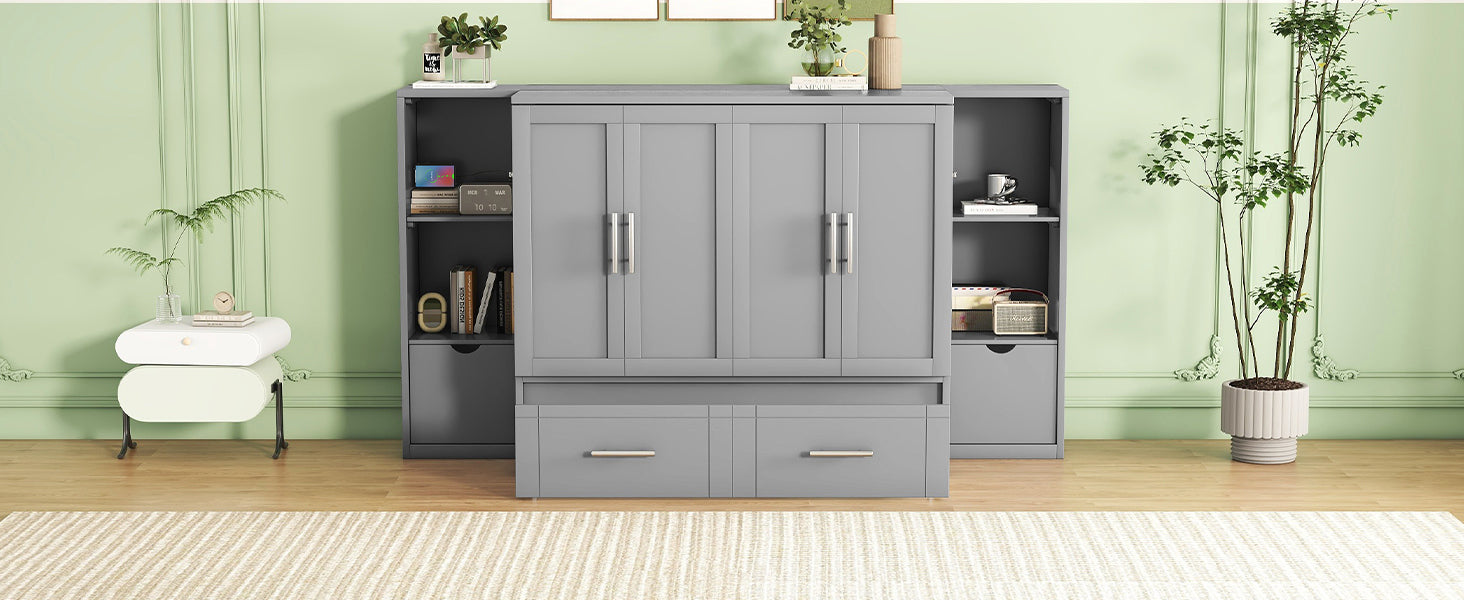 Queen Size Murphy Bed With Shelves, Drawers And Usb Ports,Gray Gray Mdf Lvl