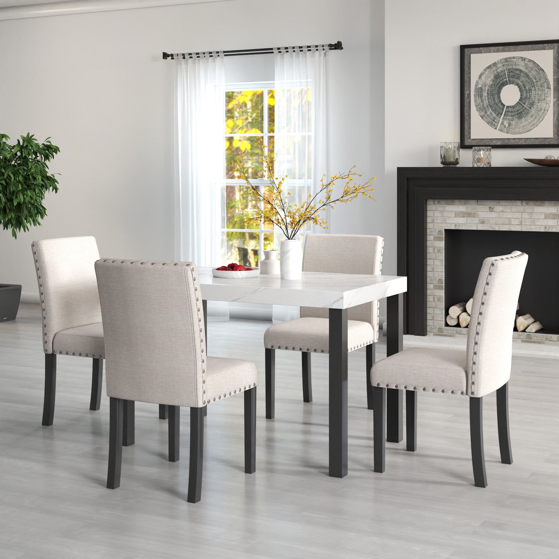 Five Piece Dining Set With Imitation Marble Tabletop, Restaurant Combination Set, Solid Wood Dining Table And 4 Chairs, Space Saving Combination Furniture For Kitchen And Dining Room. Black White Solid Wood Mdf