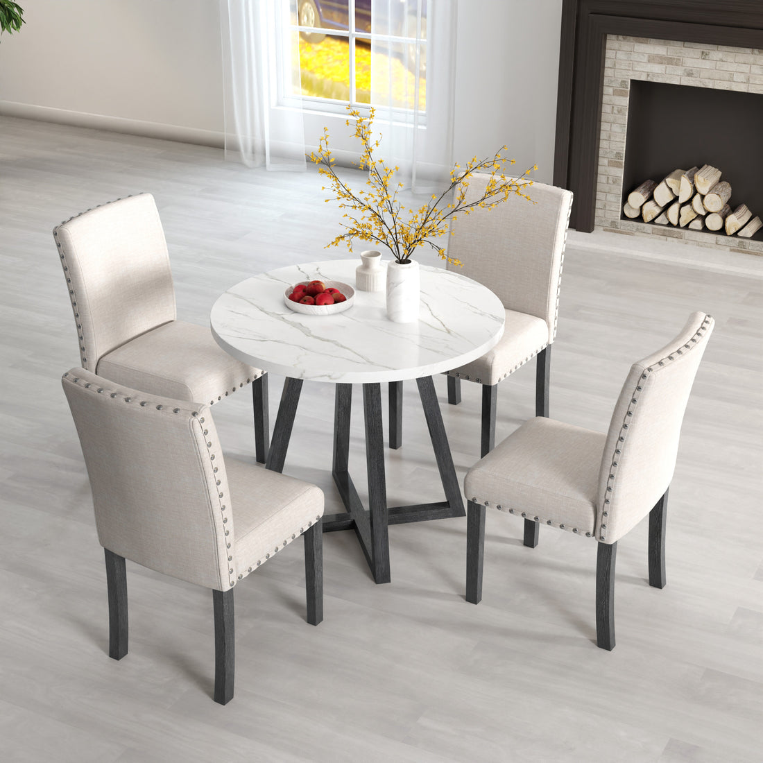 Five Piece Dining Room Set With Imitation Marble Table Top, Solid Wood Dining Table And 4 Chairs, Space Saving Kitchen And Dining Room Combination Furniture. Black White Solid Wood Mdf