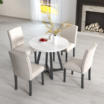 Five Piece Dining Room Set With Imitation Marble Table Top, Solid Wood Dining Table And 4 Chairs, Space Saving Kitchen And Dining Room Combination Furniture. Black White Solid Wood Mdf