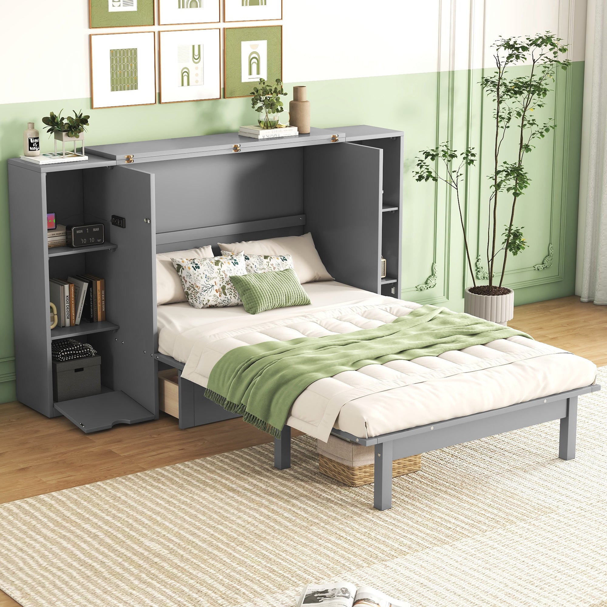 Queen Size Murphy Bed With Shelves, Drawers And Usb Ports,Gray Gray Mdf Lvl