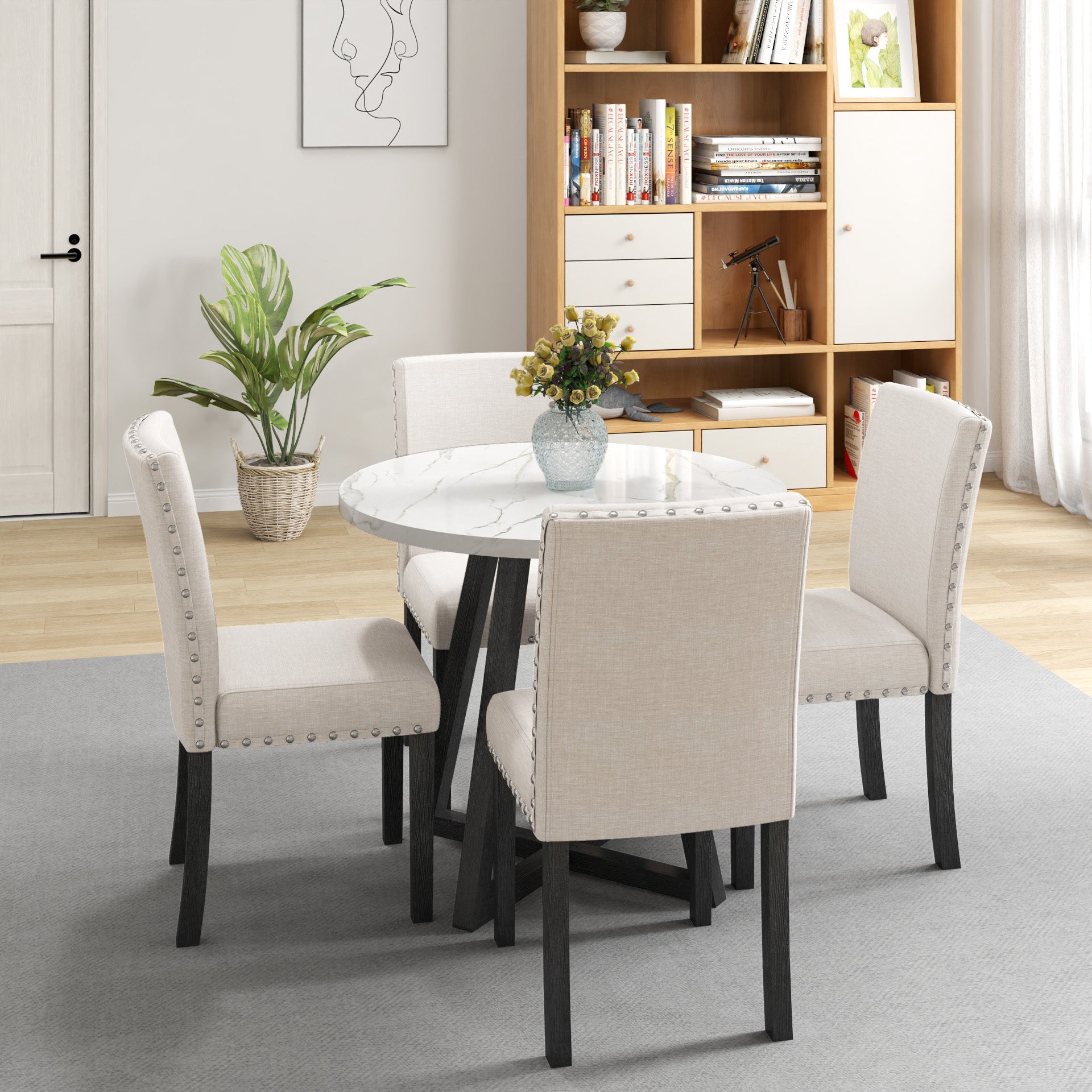 Five Piece Dining Room Set With Imitation Marble Table Top, Solid Wood Dining Table And 4 Chairs, Space Saving Kitchen And Dining Room Combination Furniture. Black White Solid Wood Mdf