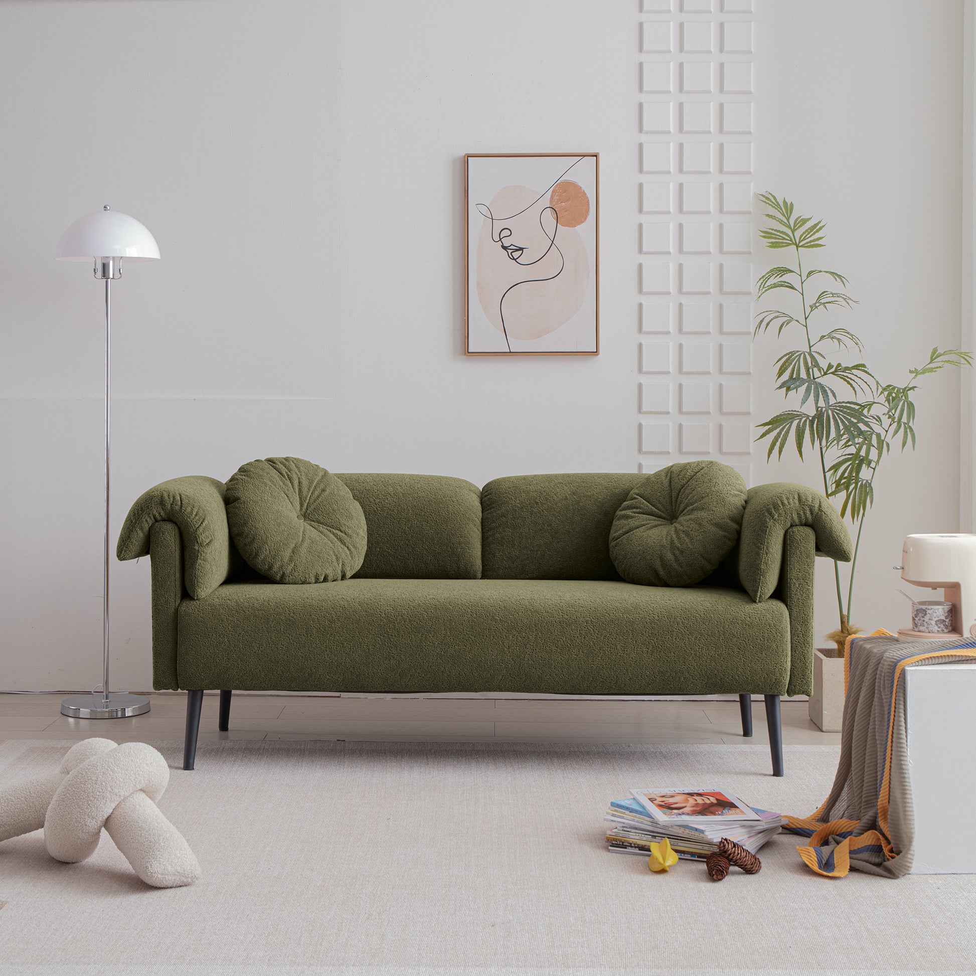 68.5"Modern Lamb Wool Sofa With Decorative Throw Pillows For Small Spaces Emerald Foam Spring