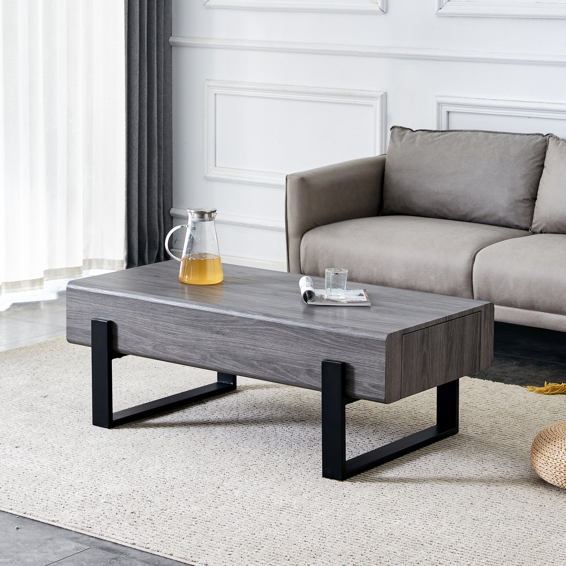 A Coffee Table Made Of Mdf Material. Equipped With Drawers Made Of Solid Wood Material. Can Store Things And Save Space. Paired With Black Metal Table Legs. Suitable For Living Room. Grey Mdf