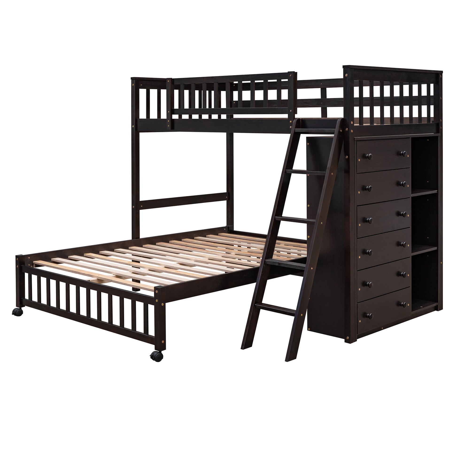 Wooden Twin Over Full Bunk Bed With Six Drawers And Flexible Shelves,Bottom Bed With Wheels,Espresso Old Sku:Lp000531Aap Espresso Solid Wood