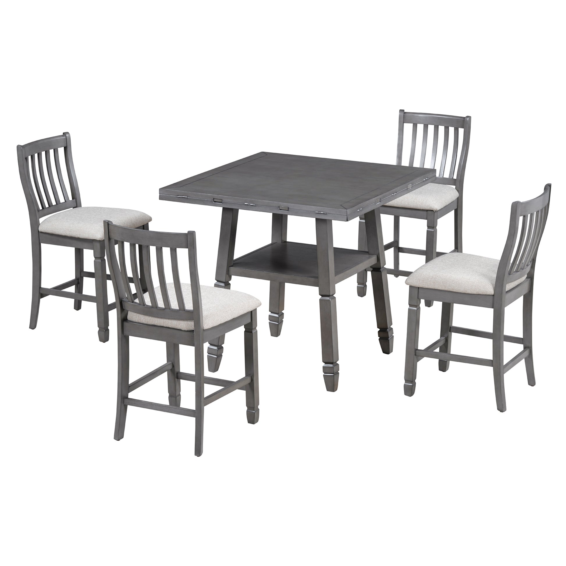 5 Piece Counter Height Dining Table Set In 2 Table Sizes With 4 Folding Leaves And 4 Upholstered Chairs For Dining Room Gray Beige Cushion Upholstered Chair Wood Gray Beige Seats 4 Wood Dining Room Drop Leaf Folding American Traditional,Antique Acacia 4