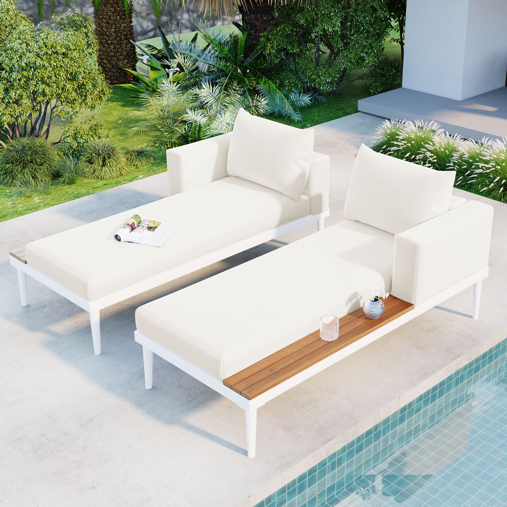 Modern Outdoor Daybed Patio Metal Daybed With Wood Topped Side Spaces For Drinks, 2 In 1 Padded Chaise Lounges For Poolside, Balcony, Deck, Beige Yes Lounge Beige Weather Resistant Frame Fade