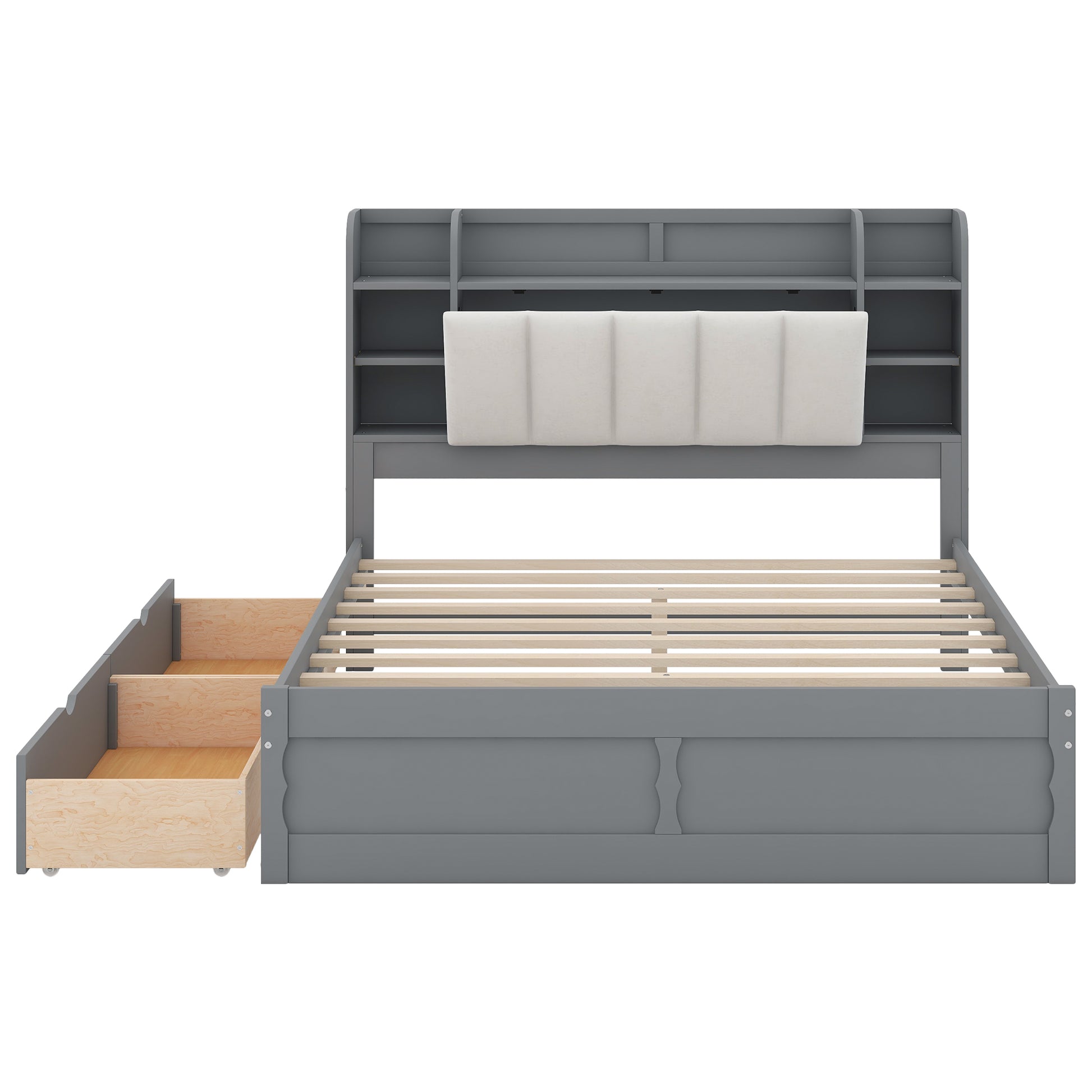 Wood Queen Size Platform Bed With Storage Headboard, Shelves And 2 Drawers, Gray Box Spring Not Required Queen Gray Wood Bedroom Bed Frame Solid Wood Mdf