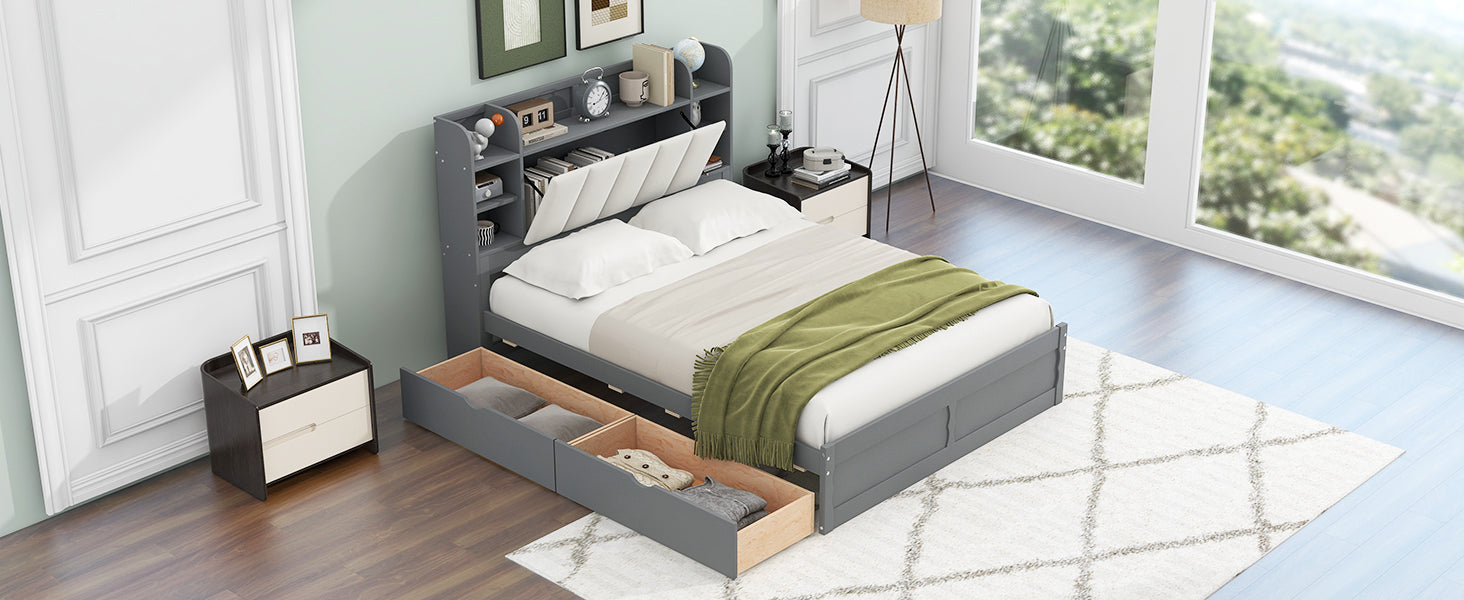 Wood Queen Size Platform Bed With Storage Headboard, Shelves And 2 Drawers, Gray Box Spring Not Required Queen Gray Wood Bedroom Bed Frame Solid Wood Mdf