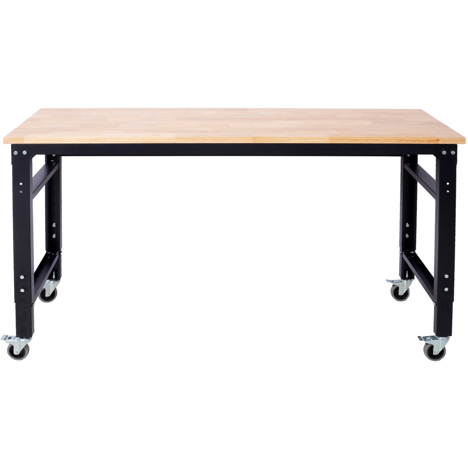 Workbench 60" Wide Rolling Workbenches For Garage Adjustable Height, Workshop Tool Bench, Metal With Rubber Wood Top Black Steel