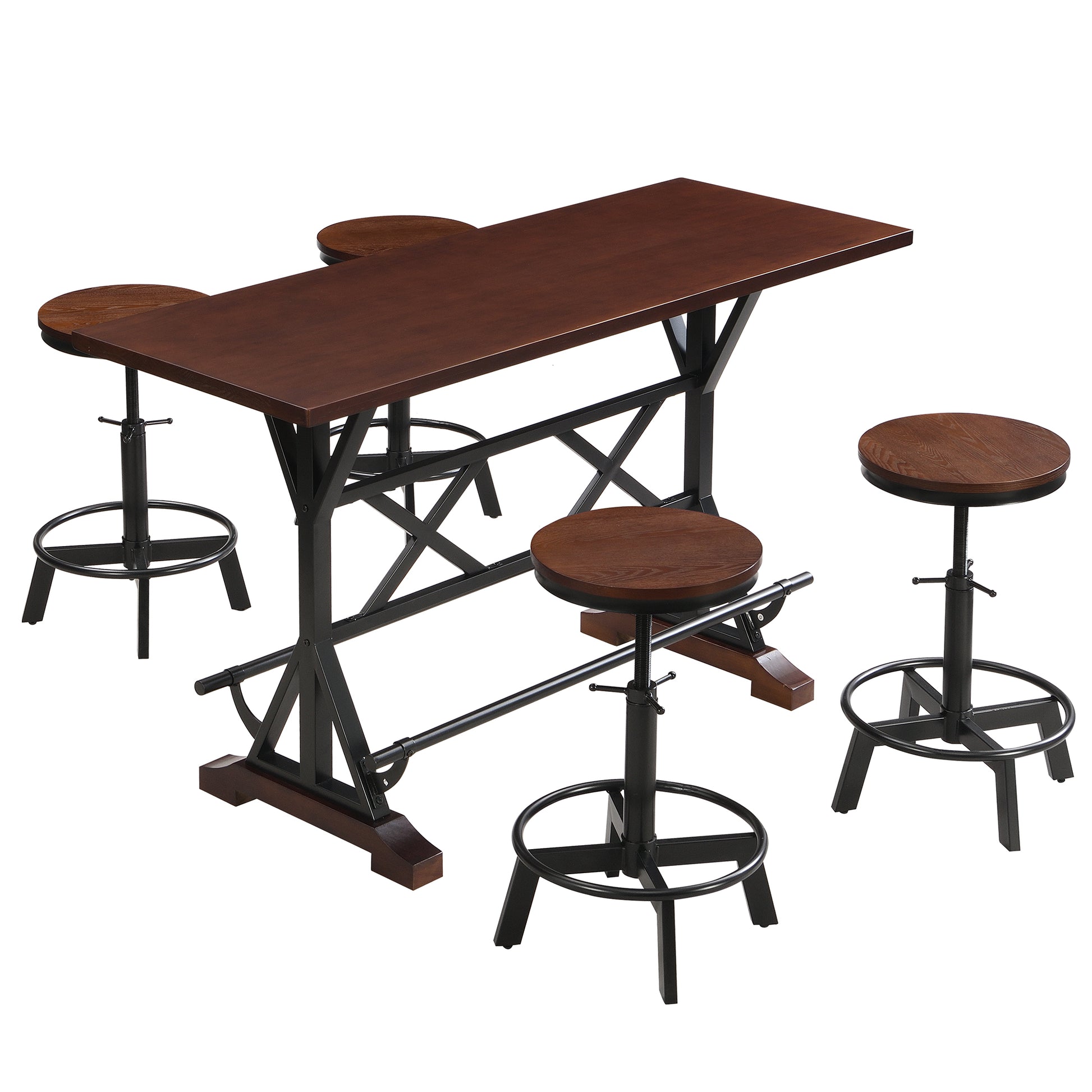 5 Piece Dining Table Set, 59" Wooden Sofa Side Table With Stabilizing Base, Rustic Brown Industrial Adjustable Height Chairs, Modern Bar Table And Chairs For Living Room, Dining Room, And Space Saving Metal Espresso Wood Classic Rectangular Solid Wood