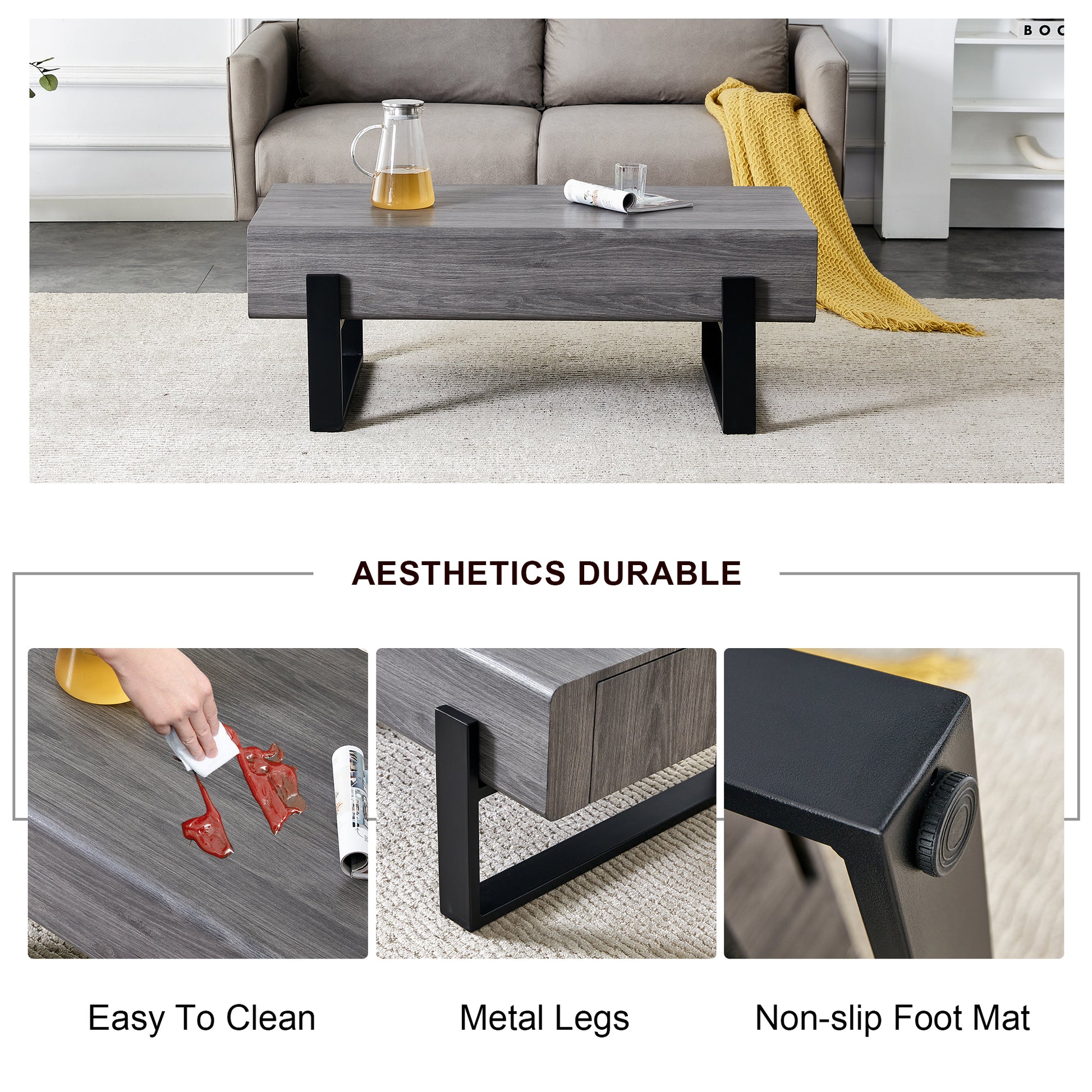 A Coffee Table Made Of Mdf Material. Equipped With Drawers Made Of Solid Wood Material. Can Store Things And Save Space. Paired With Black Metal Table Legs. Suitable For Living Room. Grey Mdf