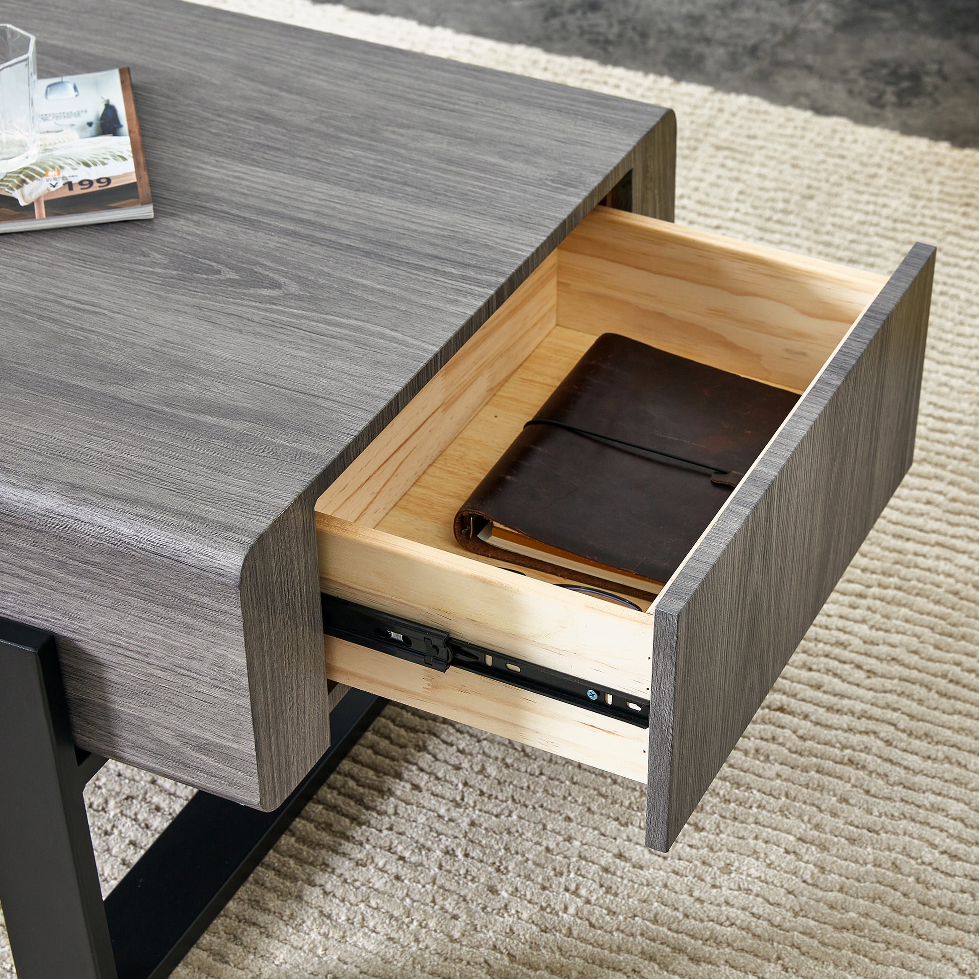 A Coffee Table Made Of Mdf Material. Equipped With Drawers Made Of Solid Wood Material. Can Store Things And Save Space. Paired With Black Metal Table Legs. Suitable For Living Room. Grey Mdf