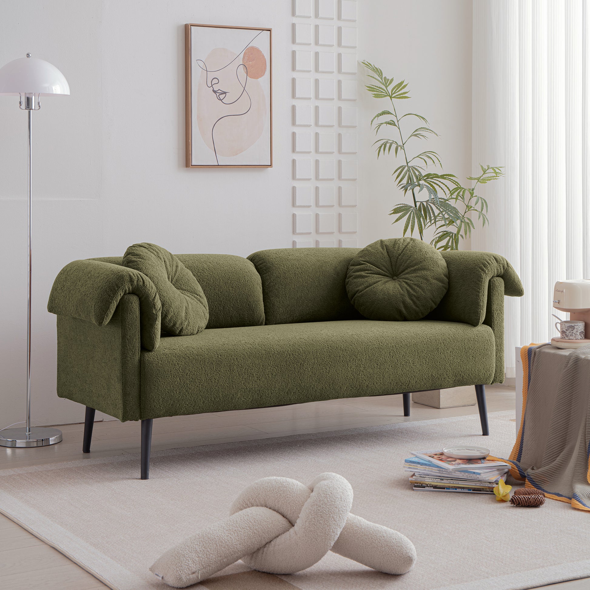 68.5"Modern Lamb Wool Sofa With Decorative Throw Pillows For Small Spaces Emerald Foam Spring