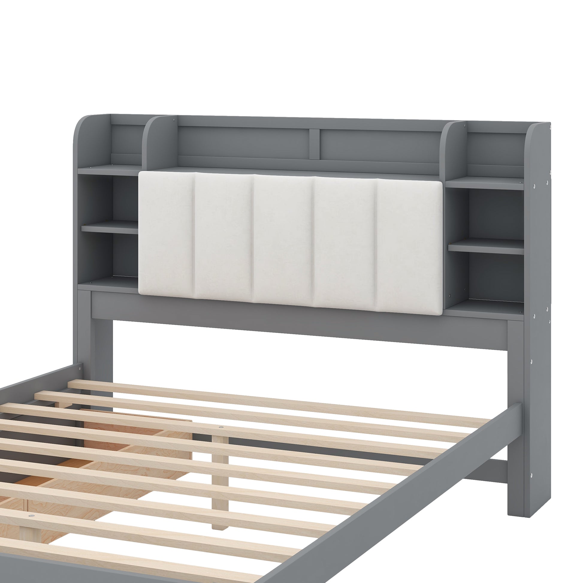 Wood Queen Size Platform Bed With Storage Headboard, Shelves And 2 Drawers, Gray Box Spring Not Required Queen Gray Wood Bedroom Bed Frame Solid Wood Mdf