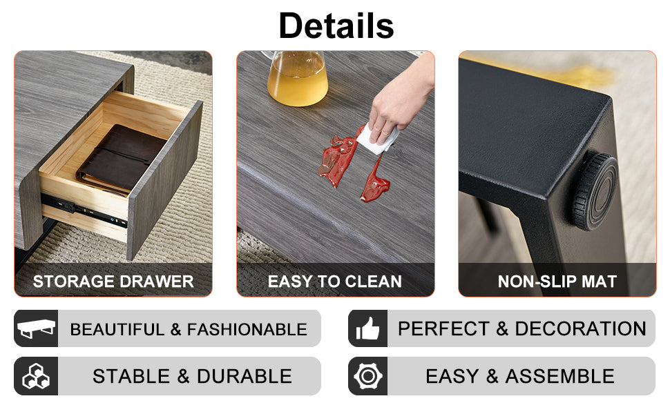 A Coffee Table Made Of Mdf Material. Equipped With Drawers Made Of Solid Wood Material. Can Store Things And Save Space. Paired With Black Metal Table Legs. Suitable For Living Room. Grey Mdf