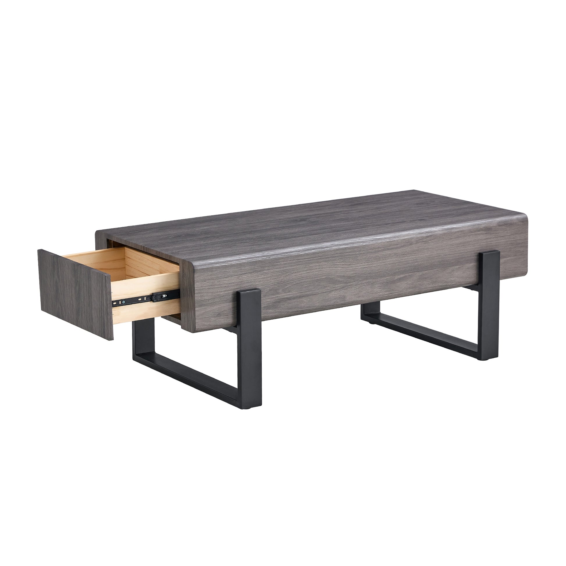 A Coffee Table Made Of Mdf Material. Equipped With Drawers Made Of Solid Wood Material. Can Store Things And Save Space. Paired With Black Metal Table Legs. Suitable For Living Room. Grey Mdf