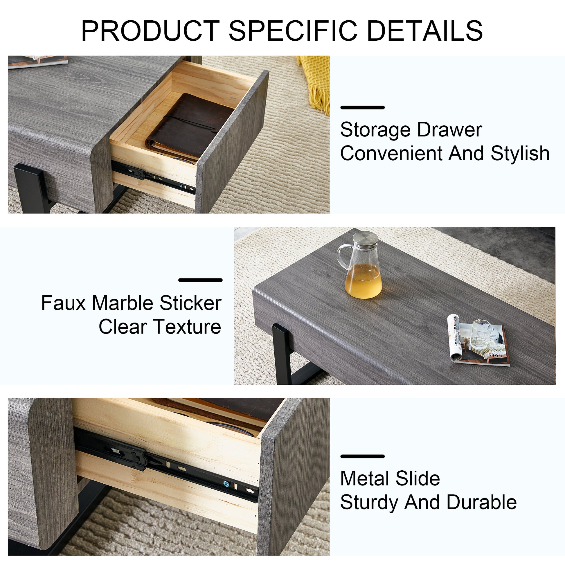 A Coffee Table Made Of Mdf Material. Equipped With Drawers Made Of Solid Wood Material. Can Store Things And Save Space. Paired With Black Metal Table Legs. Suitable For Living Room. Grey Mdf