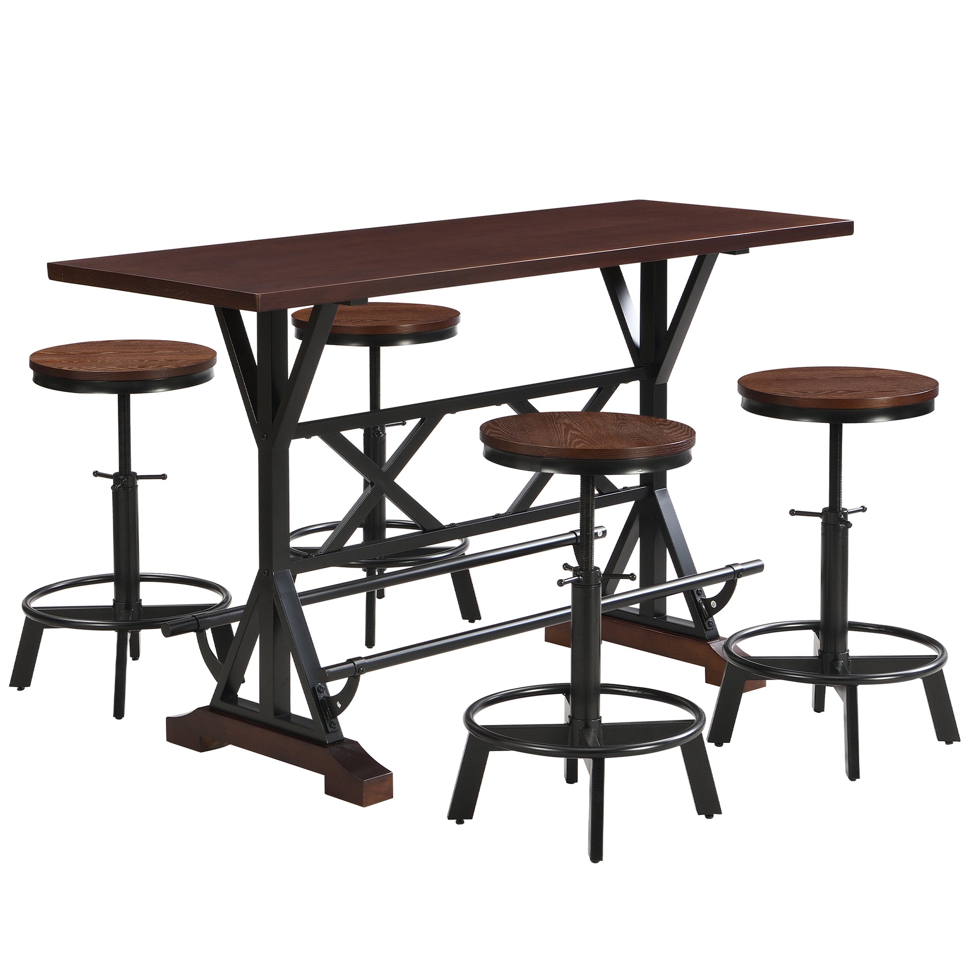 5 Piece Dining Table Set, 59" Wooden Sofa Side Table With Stabilizing Base, Rustic Brown Industrial Adjustable Height Chairs, Modern Bar Table And Chairs For Living Room, Dining Room, And Space Saving Metal Espresso Wood Classic Rectangular Solid Wood