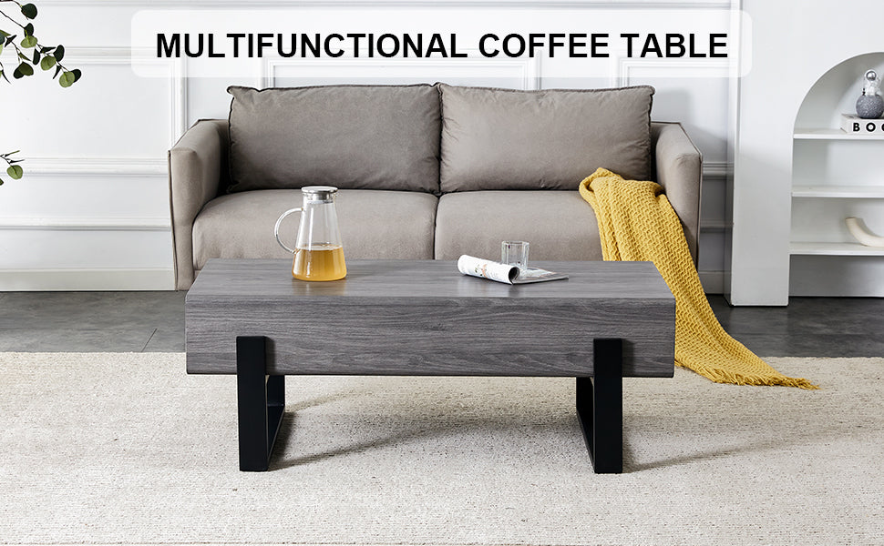 A Coffee Table Made Of Mdf Material. Equipped With Drawers Made Of Solid Wood Material. Can Store Things And Save Space. Paired With Black Metal Table Legs. Suitable For Living Room. Grey Mdf