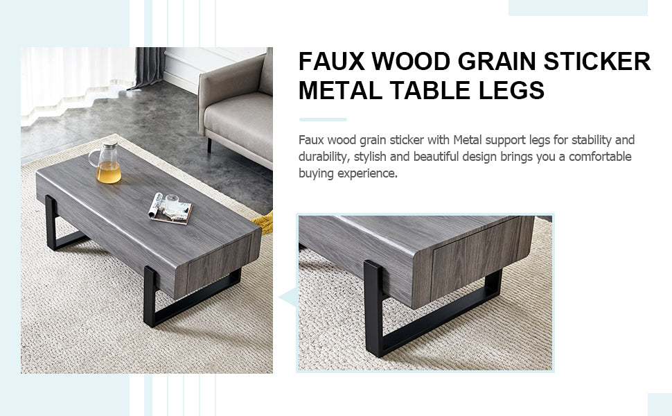 A Coffee Table Made Of Mdf Material. Equipped With Drawers Made Of Solid Wood Material. Can Store Things And Save Space. Paired With Black Metal Table Legs. Suitable For Living Room. Grey Mdf