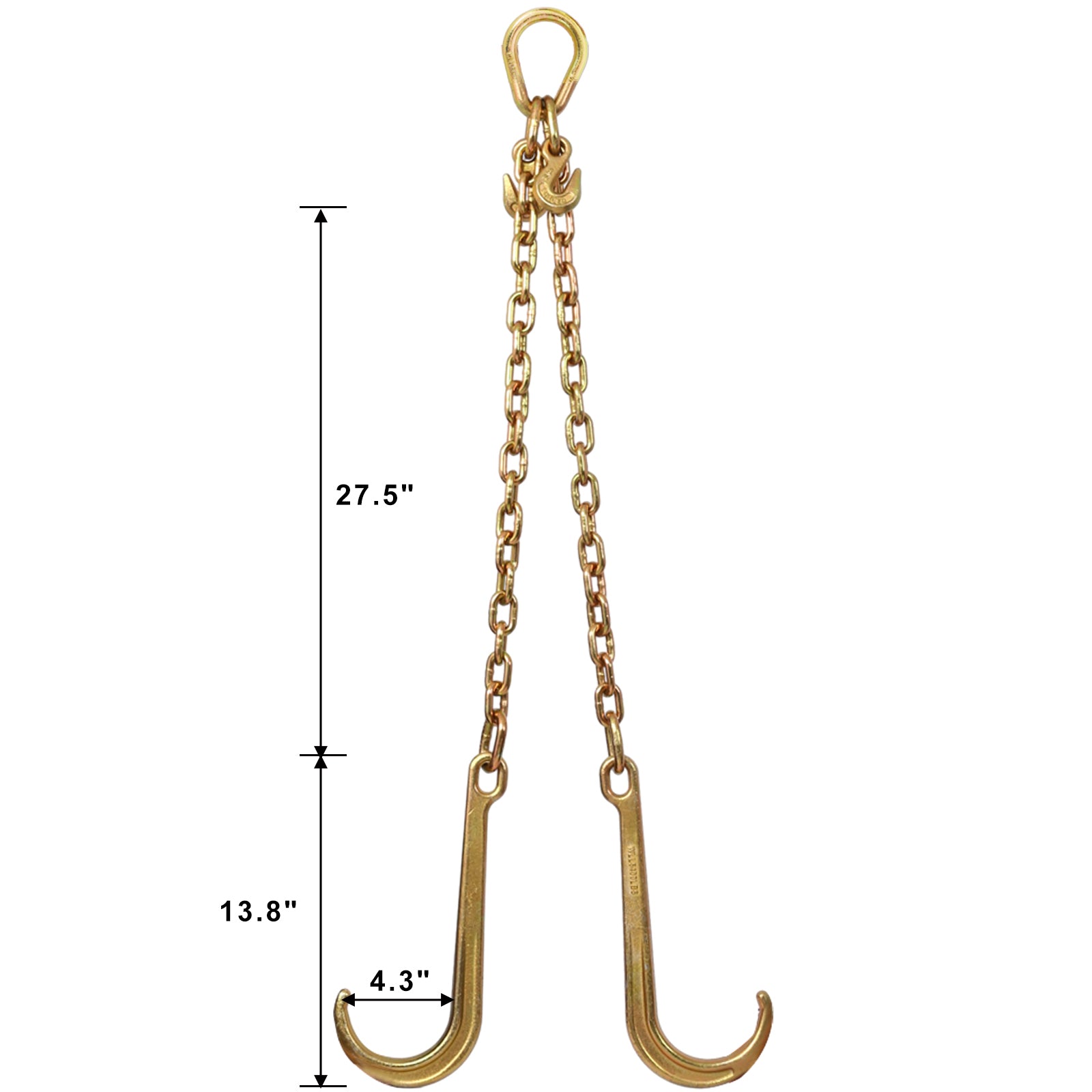5 16''X2' G70 J Hook Tow Chain V Bridle With Large Shank J Hooks And Grab Hooks,Flatbed Truck Trailer Safety Tow Chain 4700 Lbs Working Load Limit Gold Steel