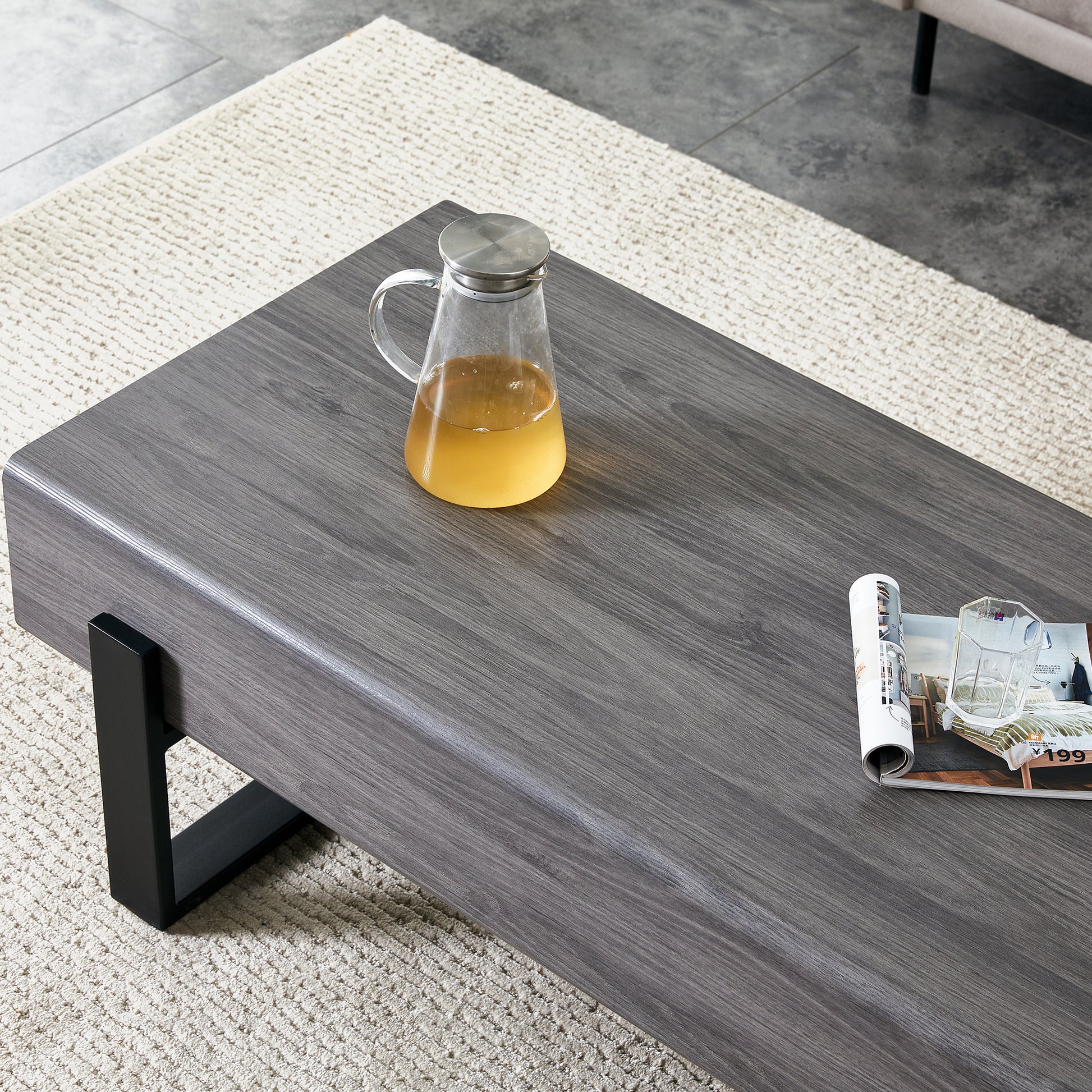 A Coffee Table Made Of Mdf Material. Equipped With Drawers Made Of Solid Wood Material. Can Store Things And Save Space. Paired With Black Metal Table Legs. Suitable For Living Room. Grey Mdf