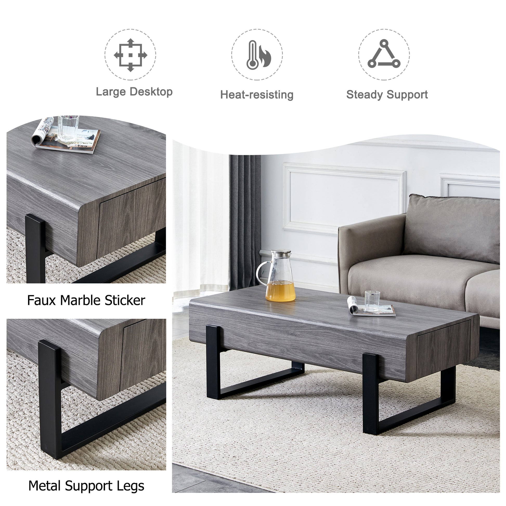 A Coffee Table Made Of Mdf Material. Equipped With Drawers Made Of Solid Wood Material. Can Store Things And Save Space. Paired With Black Metal Table Legs. Suitable For Living Room. Grey Mdf