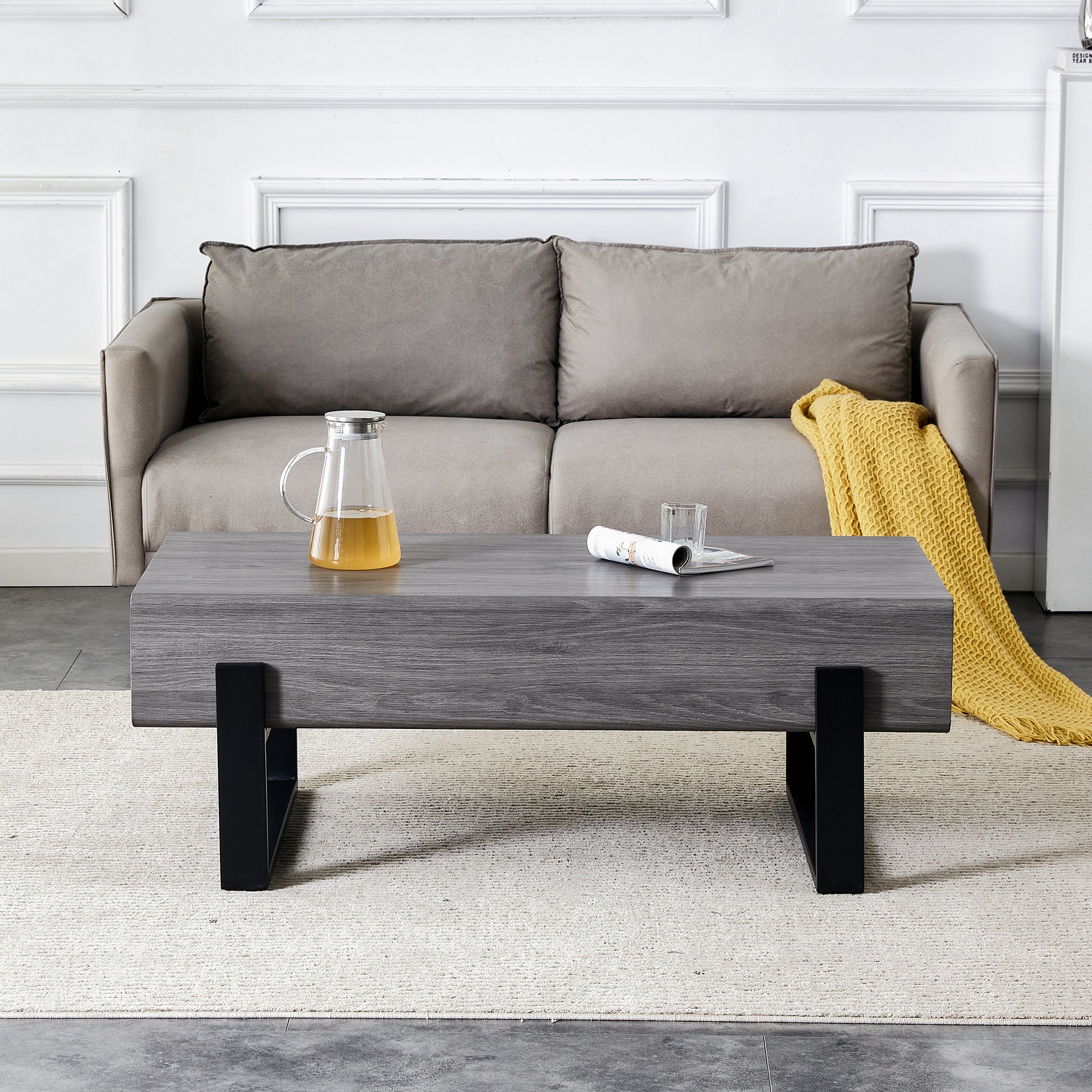 A Coffee Table Made Of Mdf Material. Equipped With Drawers Made Of Solid Wood Material. Can Store Things And Save Space. Paired With Black Metal Table Legs. Suitable For Living Room. Grey Mdf