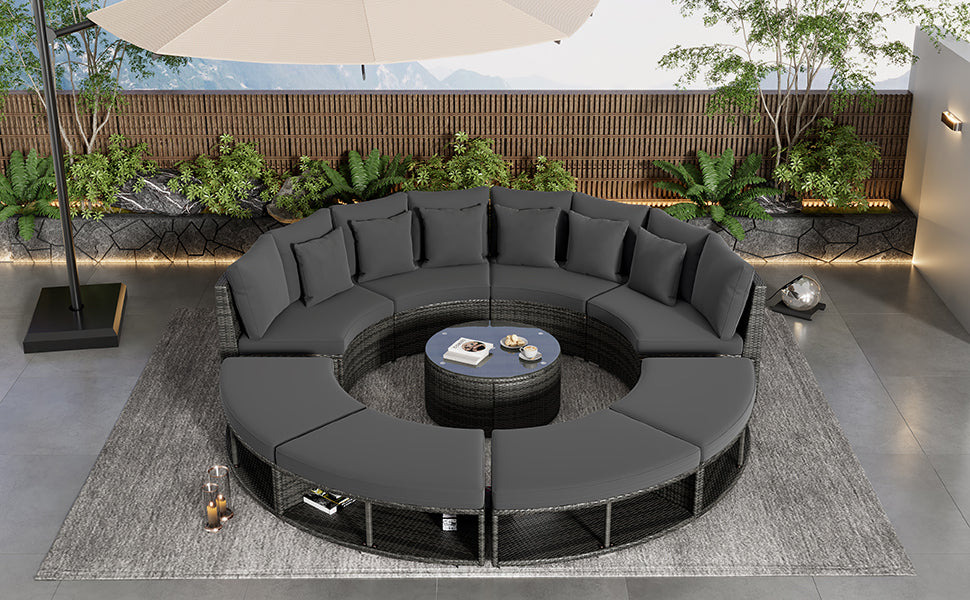 Outdoor Patio Furniture Luxury Circular Outdoor Sofa Set Rattan Wicker Sectional Sofa Lounge Set With Tempered Glass Coffee Table, 6 Pillows, Grey Yes Grey Water Resistant Frame Water Resistant Cushion Garden & Outdoor Sectional Seating Groups Foam