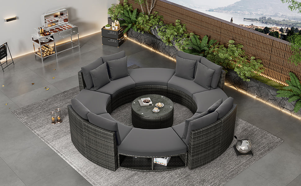 Outdoor Patio Furniture Luxury Circular Outdoor Sofa Set Rattan Wicker Sectional Sofa Lounge Set With Tempered Glass Coffee Table, 6 Pillows, Grey Yes Grey Water Resistant Frame Water Resistant Cushion Garden & Outdoor Sectional Seating Groups Foam
