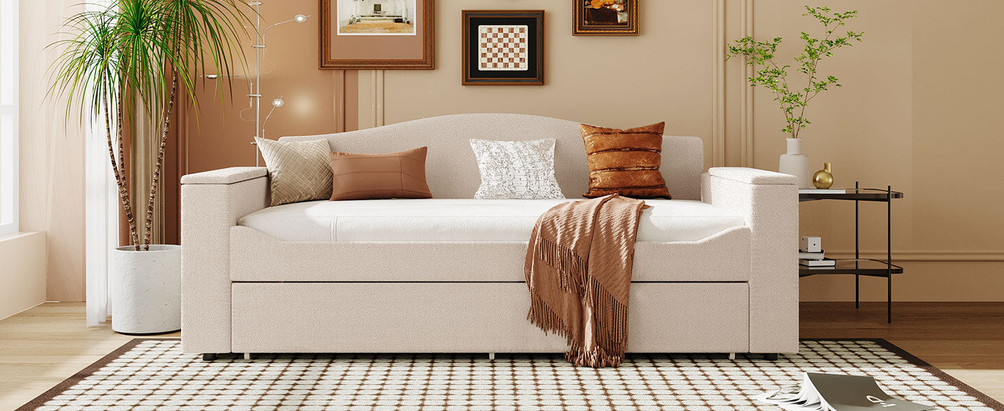 Twin Size Upholstered Daybed With Storage Armrests, Trundle And Latest Integrated Bluetooth Audio System, Teddy Fleece, Beige Beige Fleece