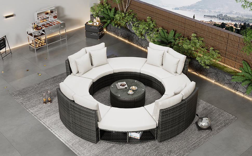 Outdoor Patio Furniture Luxury Circular Outdoor Sofa Set Rattan Wicker Sectional Sofa Lounge Set With Tempered Glass Coffee Table, 6 Pillows,Beige Yes Beige Water Resistant Frame Water Resistant Cushion Garden & Outdoor Sectional Seating Groups Foam