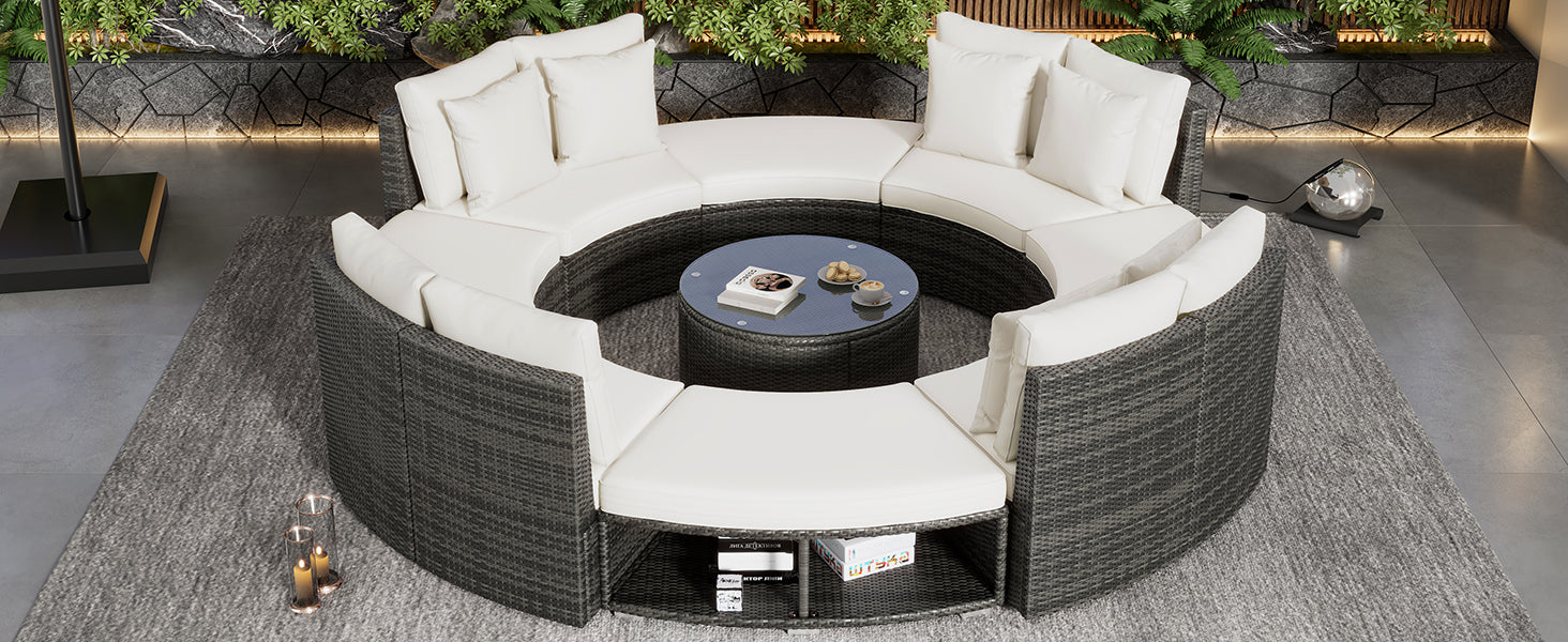 Outdoor Patio Furniture Luxury Circular Outdoor Sofa Set Rattan Wicker Sectional Sofa Lounge Set With Tempered Glass Coffee Table, 6 Pillows,Beige Yes Beige Water Resistant Frame Water Resistant Cushion Garden & Outdoor Sectional Seating Groups Foam